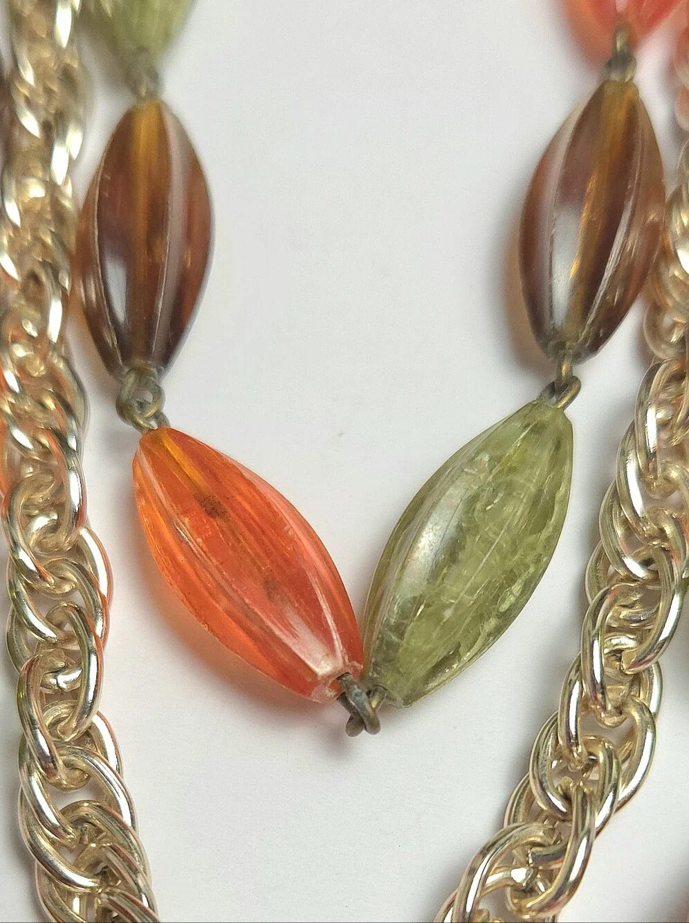 Vintage Orange Green & Brown Acrylic Beaded Multi Strand Necklace 1950s Germany